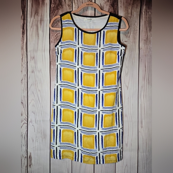 Single Noble Yellow & Blue Geometric 100% Silk Dress Size 36 - Picture 1 of 8